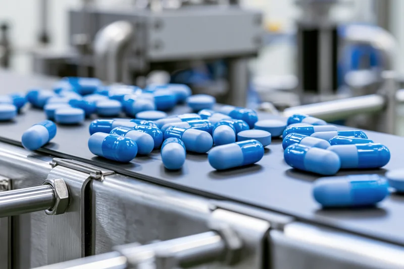 Blue pharmaceutical capsules moving along a conveyor belt in a factory production line