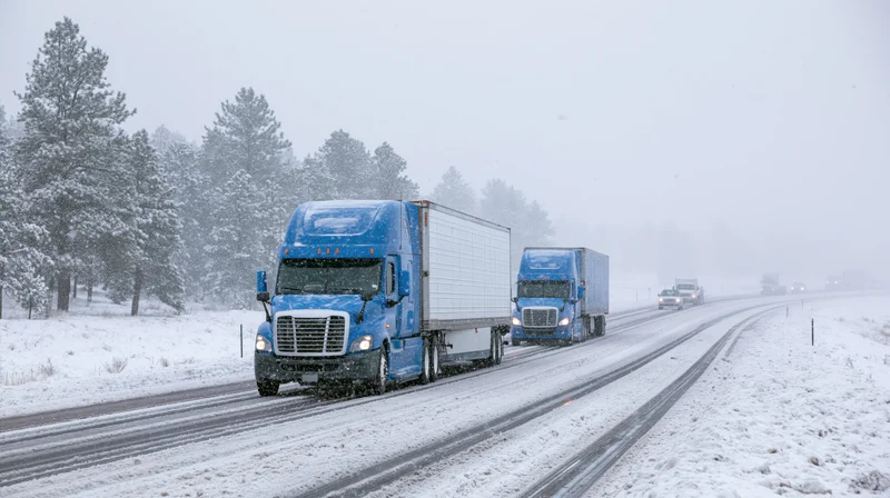 Blue semi-trucks hauling freight on a snow-covered highway