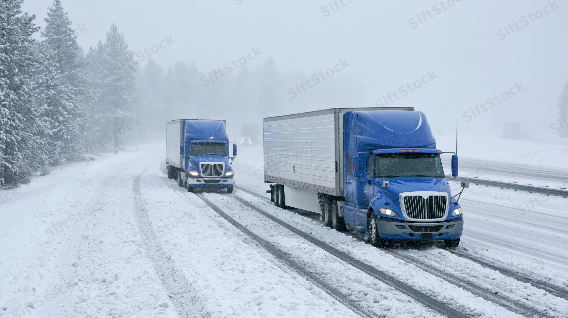 Two blue semi-trucks hauling freight on a snow-covered highway flanked by snow-laden evergreen trees