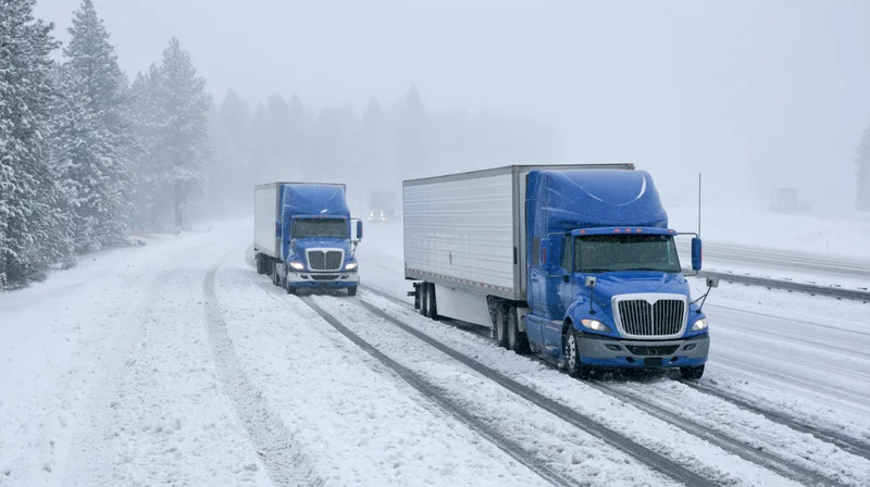 Two blue semi-trucks hauling freight on a snow-covered highway flanked by snow-laden evergreen trees
