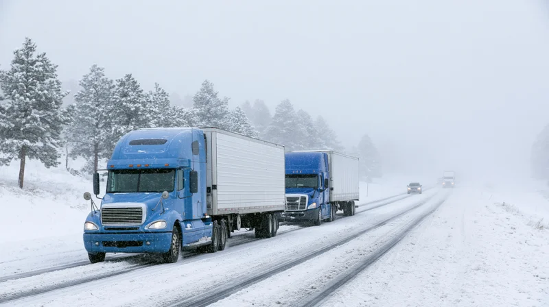 Blue semi-trucks hauling freight on a snow-covered highway