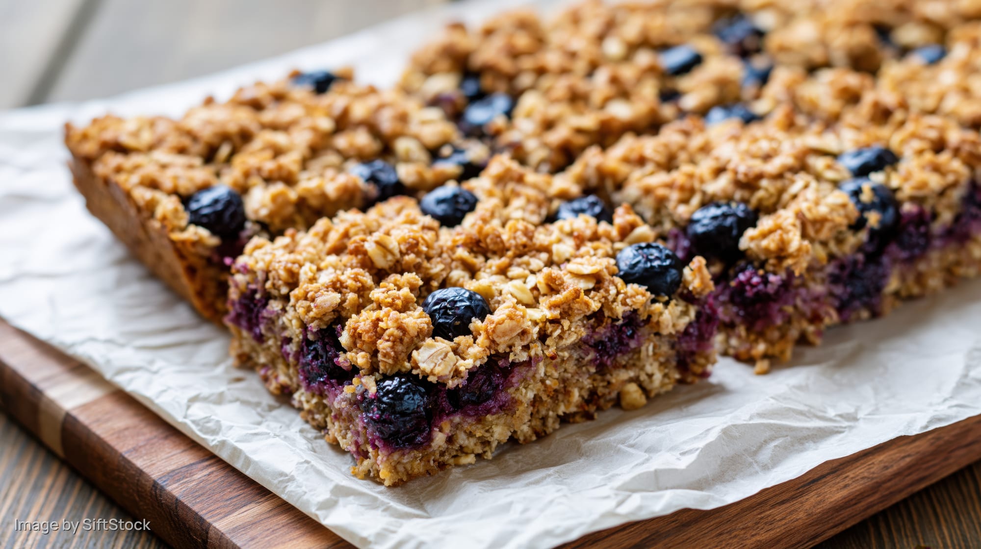Blueberry oat bars cut into squares resting on crumpled parchment paper on a wooden cutting board