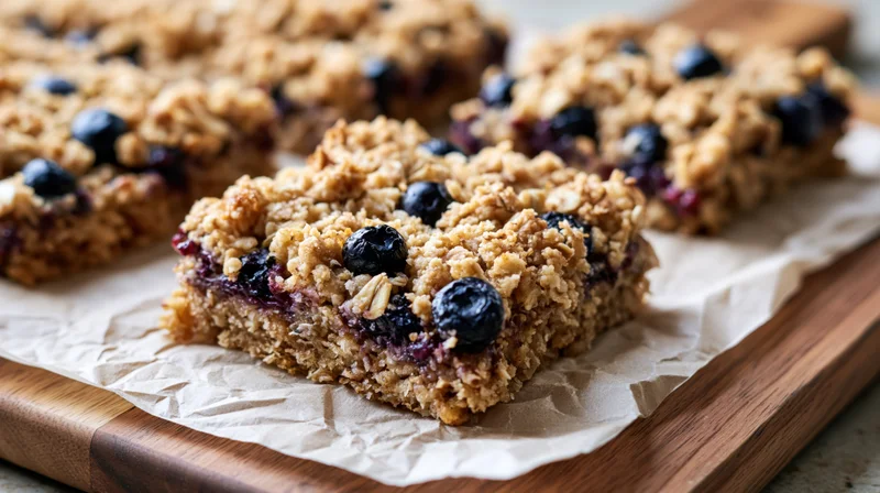 Blueberry oat bars cut into squares resting on crumpled parchment paper on a wooden board