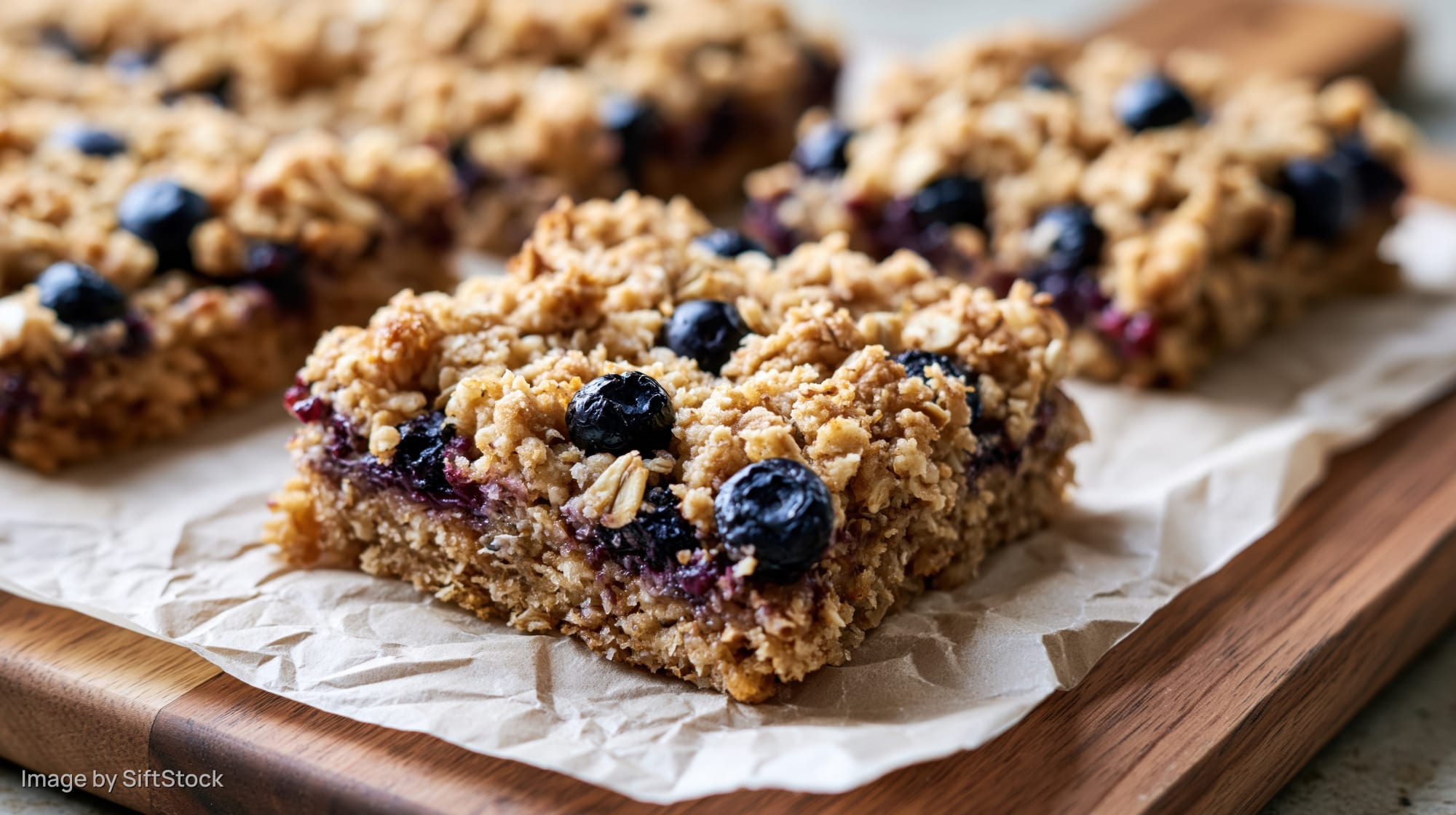 Blueberry oat bars cut into squares resting on crumpled parchment paper on a wooden board
