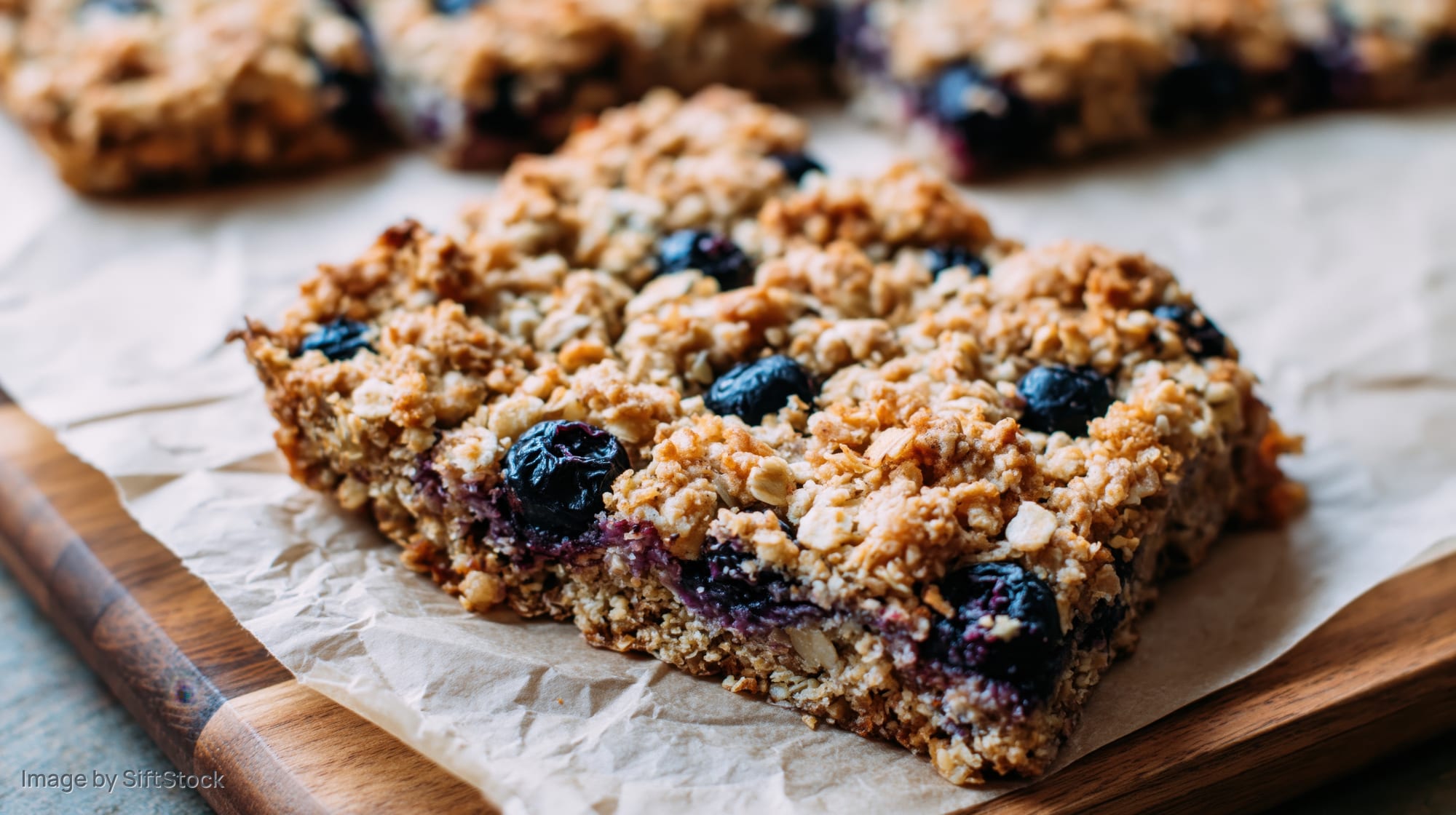 Blueberry oat bars cut into squares resting on crumpled parchment paper on a wooden board