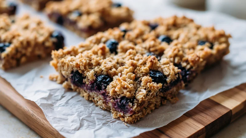 Blueberry oat bars cut into squares resting on crumpled parchment paper on a wooden cutting board