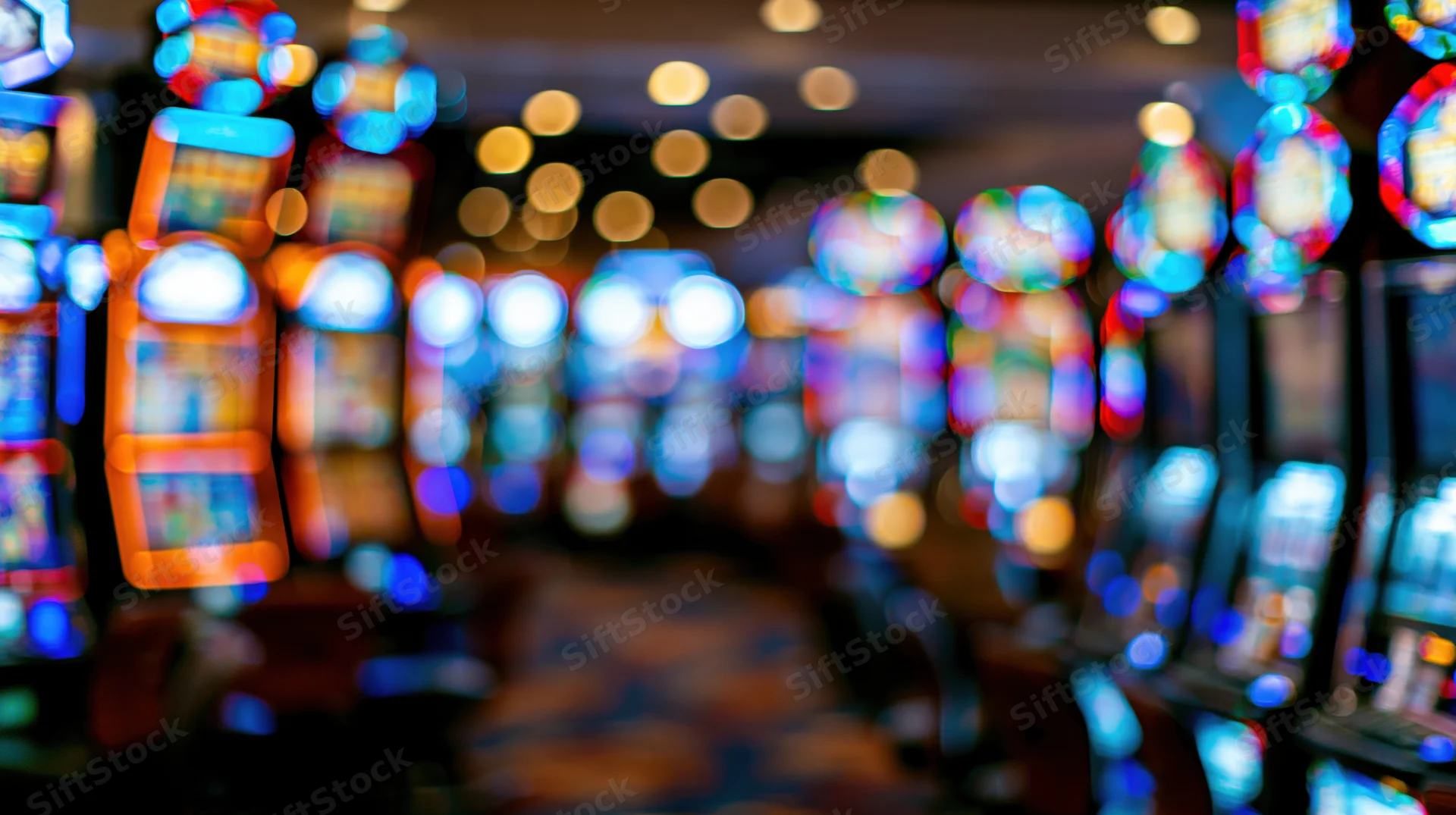 Blurred view of slot machines in a casino interior with colorful lights and bokeh effect