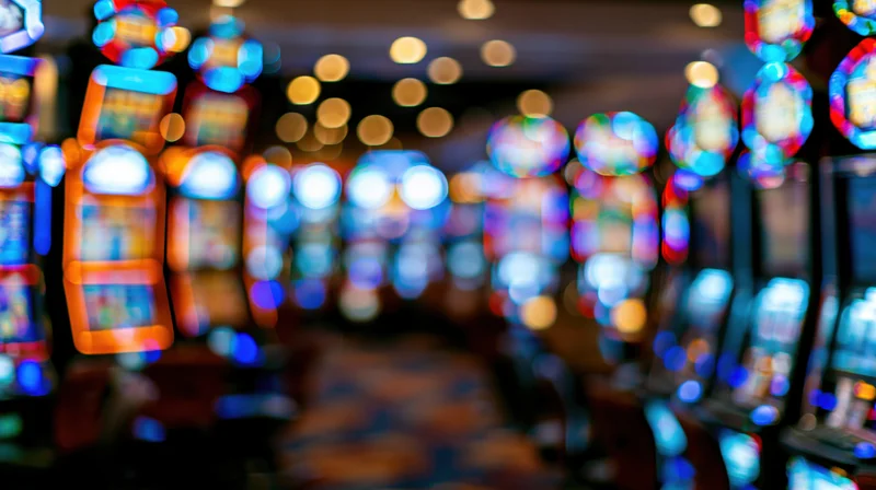 Blurred view of slot machines in a casino interior with colorful lights and bokeh effect