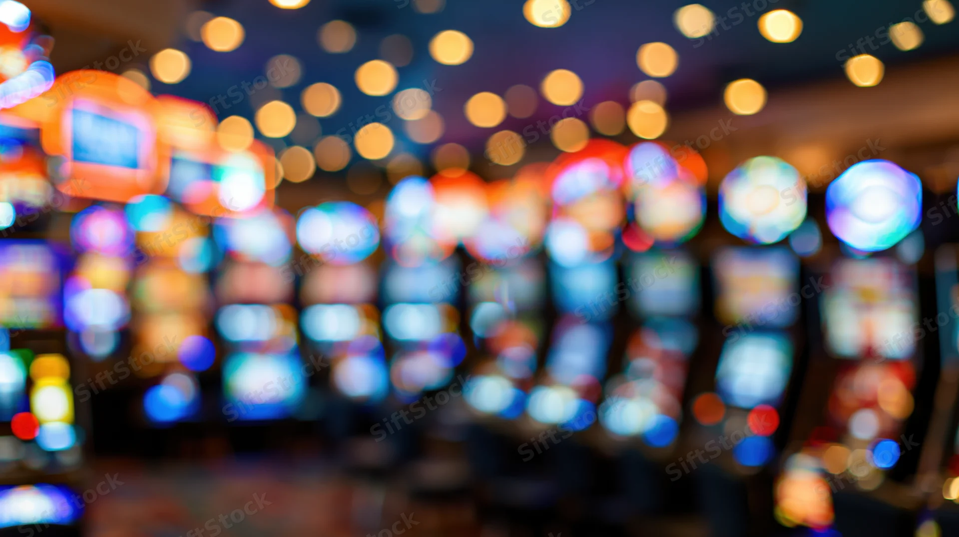 Blurred interior of a casino floor with rows of slot machines and glowing lights