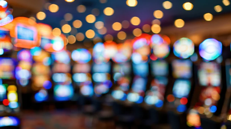 Blurred interior of a casino floor with rows of slot machines and glowing lights