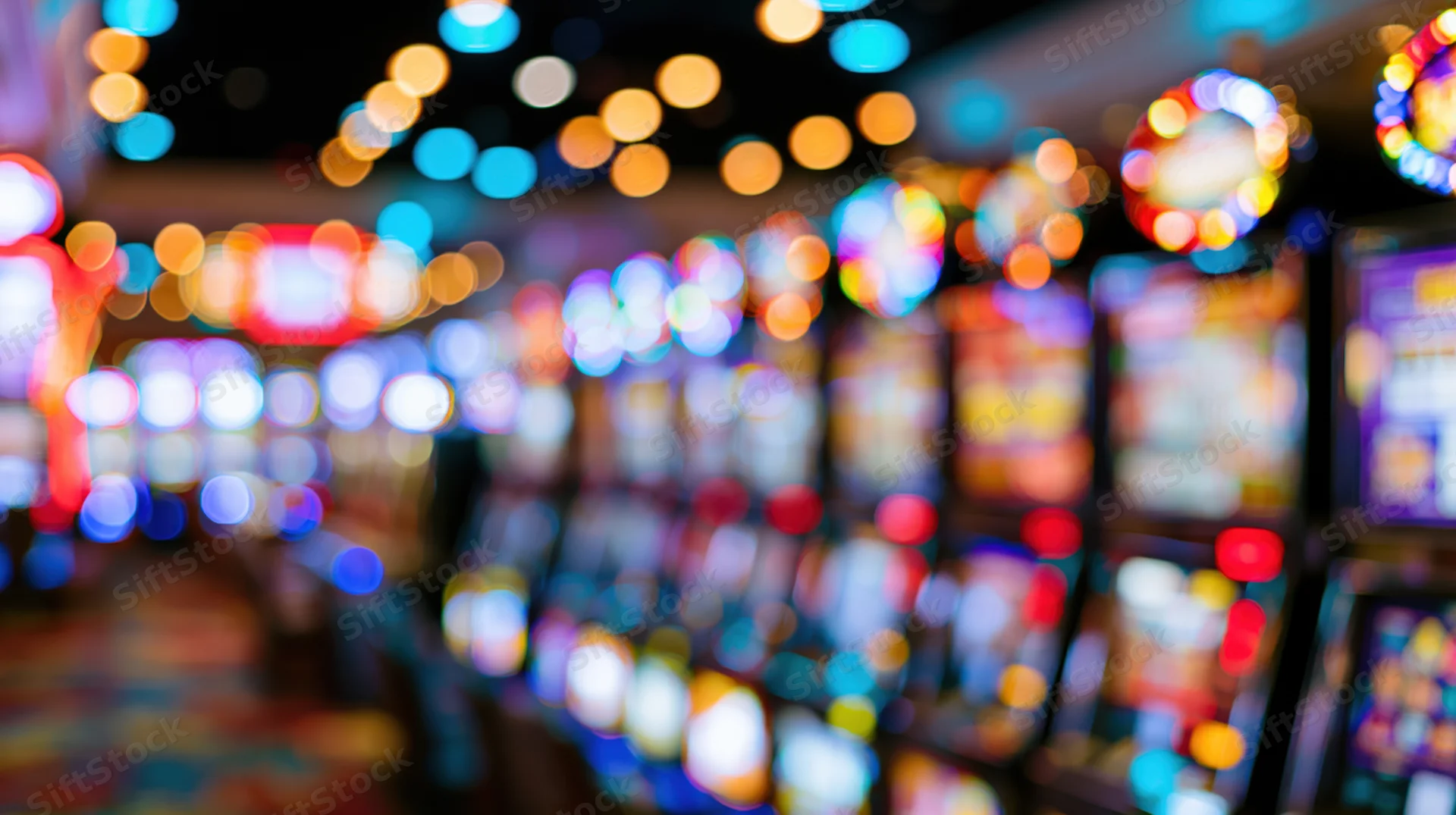 Blurred interior of a casino floor with rows of slot machines glowing with colorful lights