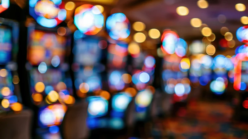 Blurred interior of a casino floor with rows of illuminated slot machines and colorful bokeh lights