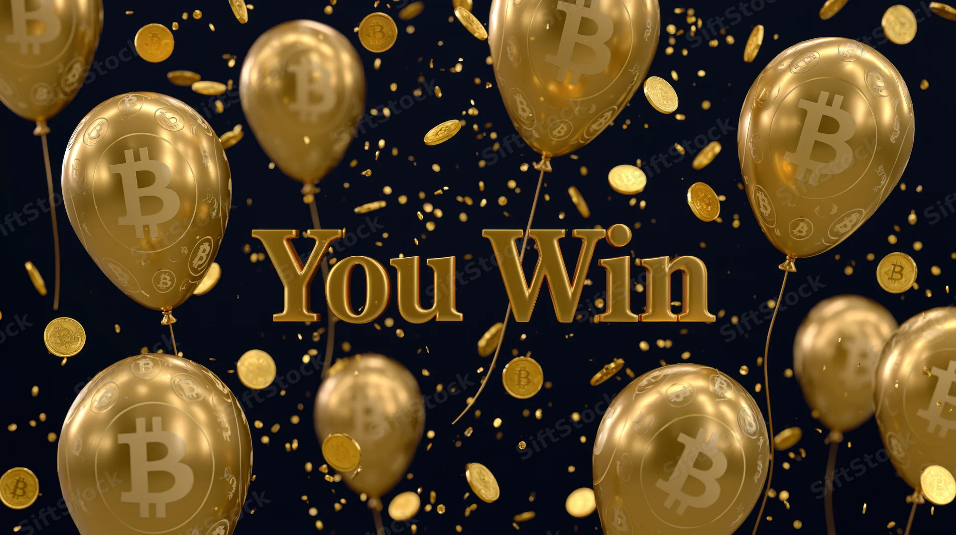 Golden bitcoin balloons and coins floating around bold metallic you win text on dark background