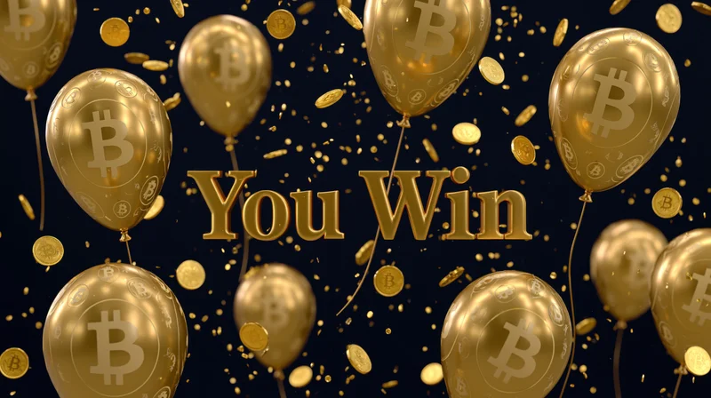 Golden bitcoin balloons and coins floating around bold metallic you win text on dark background