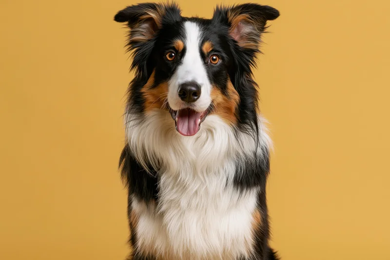 Border collie sitting upright facing camera with mouth open and tongue out against yellow background