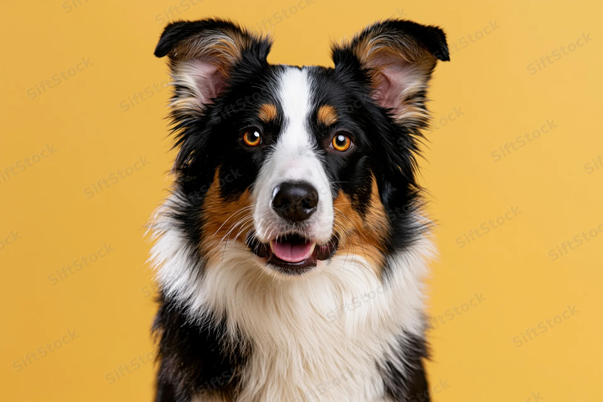 Border collie dog facing camera with perked ears and open mouth on yellow background