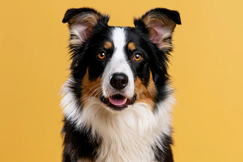 Border collie dog facing camera with perked ears and open mouth on yellow background