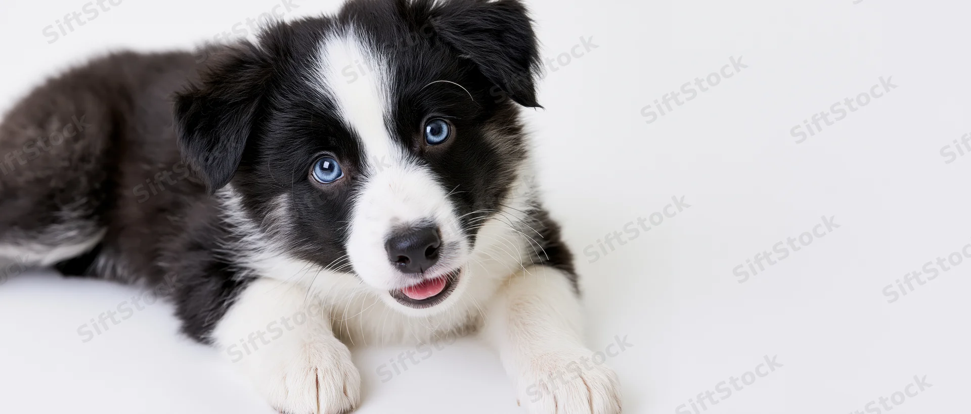 Border collie puppy lying down and looking up at camera on white background