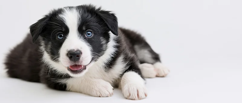Border collie puppy lying down and looking up at camera on white background