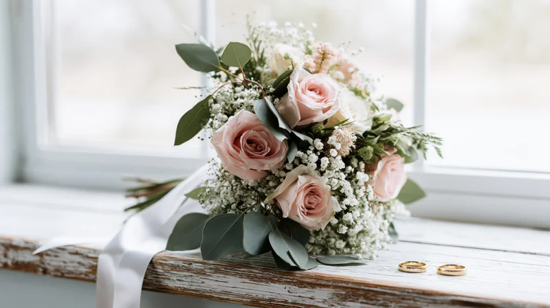 Bridal bouquet with blush roses and baby's breath on a rustic wooden windowsill beside two gold wedding rings