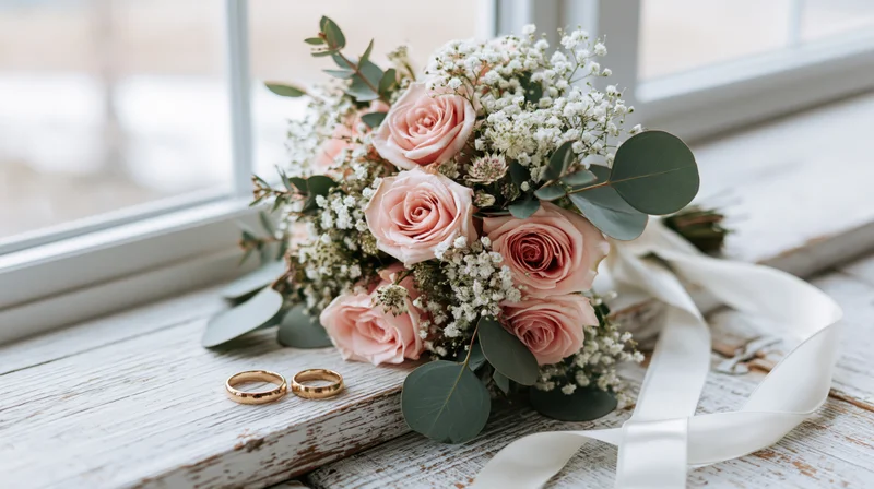 Bridal bouquet with blush pink roses and baby's breath on a rustic wooden windowsill beside two gold wedding rings
