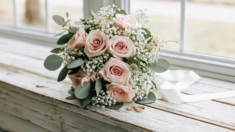 Bridal bouquet of blush pink roses and white baby's breath with gold rings on a wooden windowsill