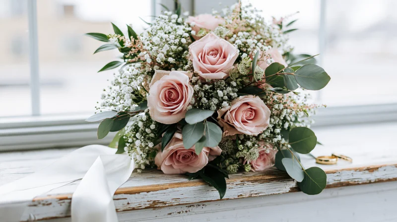 Bridal bouquet of blush pink roses and white baby's breath with eucalyptus on a rustic wooden windowsill beside wedding rings and a white ribbon