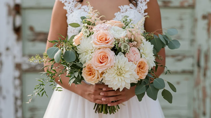 Bride holding a loose cascading bouquet of peach roses and white dahlias in front of a weathered wooden door