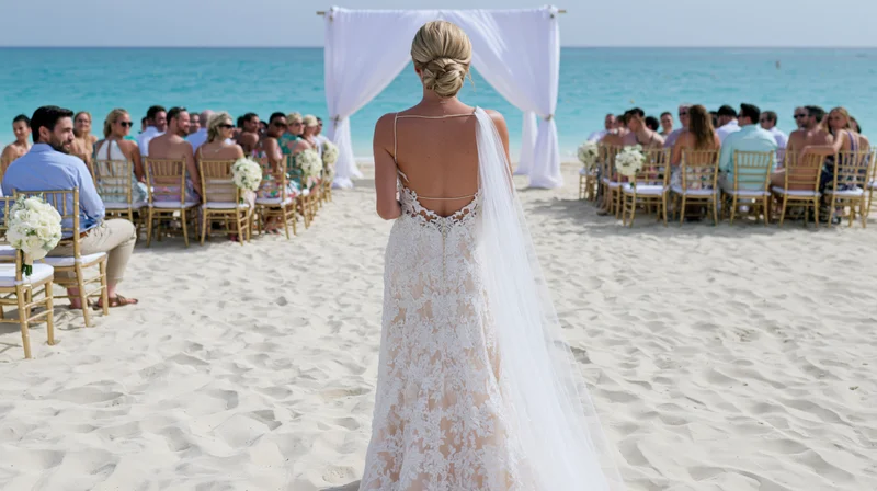 Bride walking down sandy beach aisle toward white draped arch with guests seated on either side facing ocean