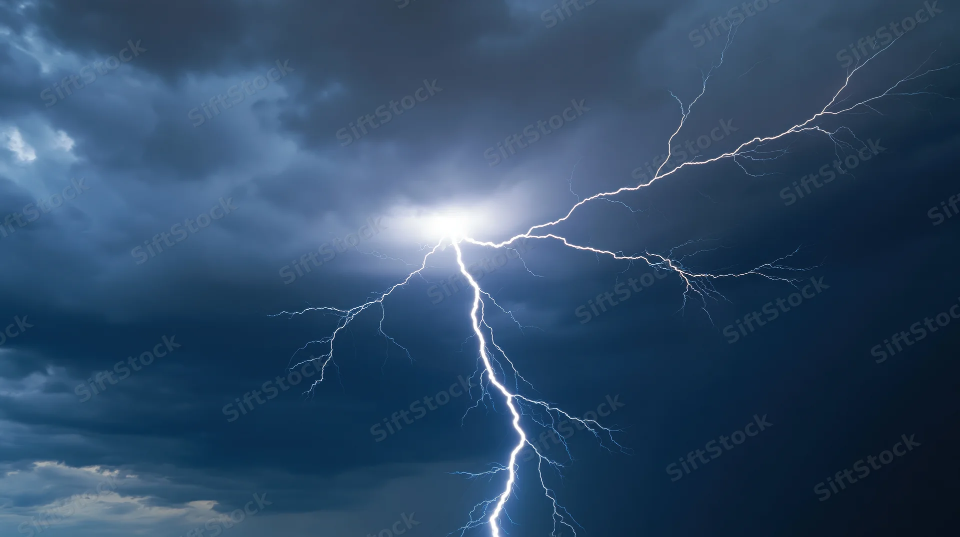 Bright lightning bolt splitting across dark stormy sky at night