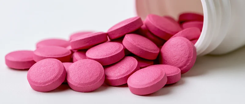 Bright pink round tablets spilling from an overturned white bottle on a plain surface