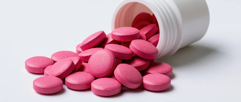Bright pink round tablets spilling from an overturned white bottle on a plain white surface