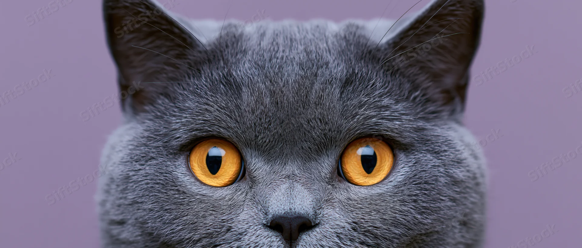 Closeup of a gray british shorthair cat with orange eyes looking directly at camera against a lavender background