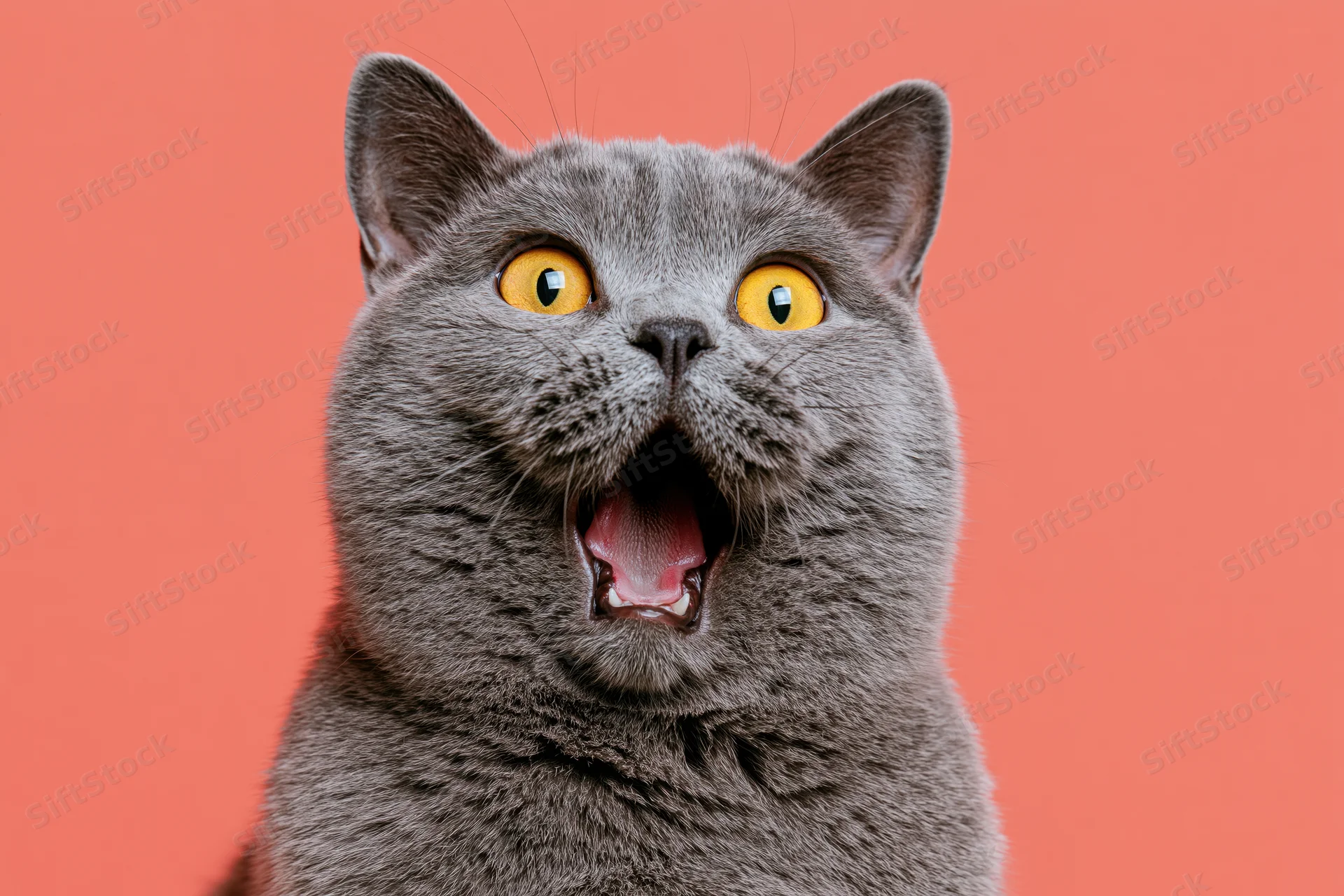 Gray british shorthair cat with wide open mouth and bright yellow eyes against orange background