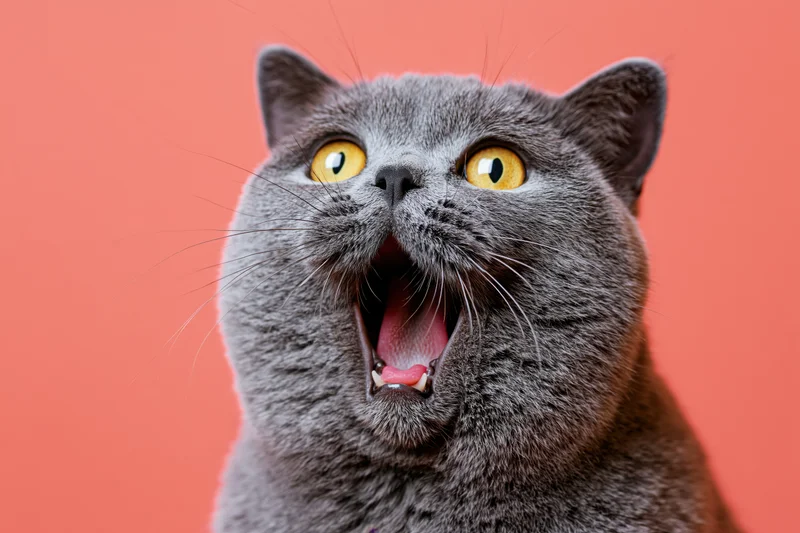 Gray british shorthair cat yawning with wide open mouth against solid orange background