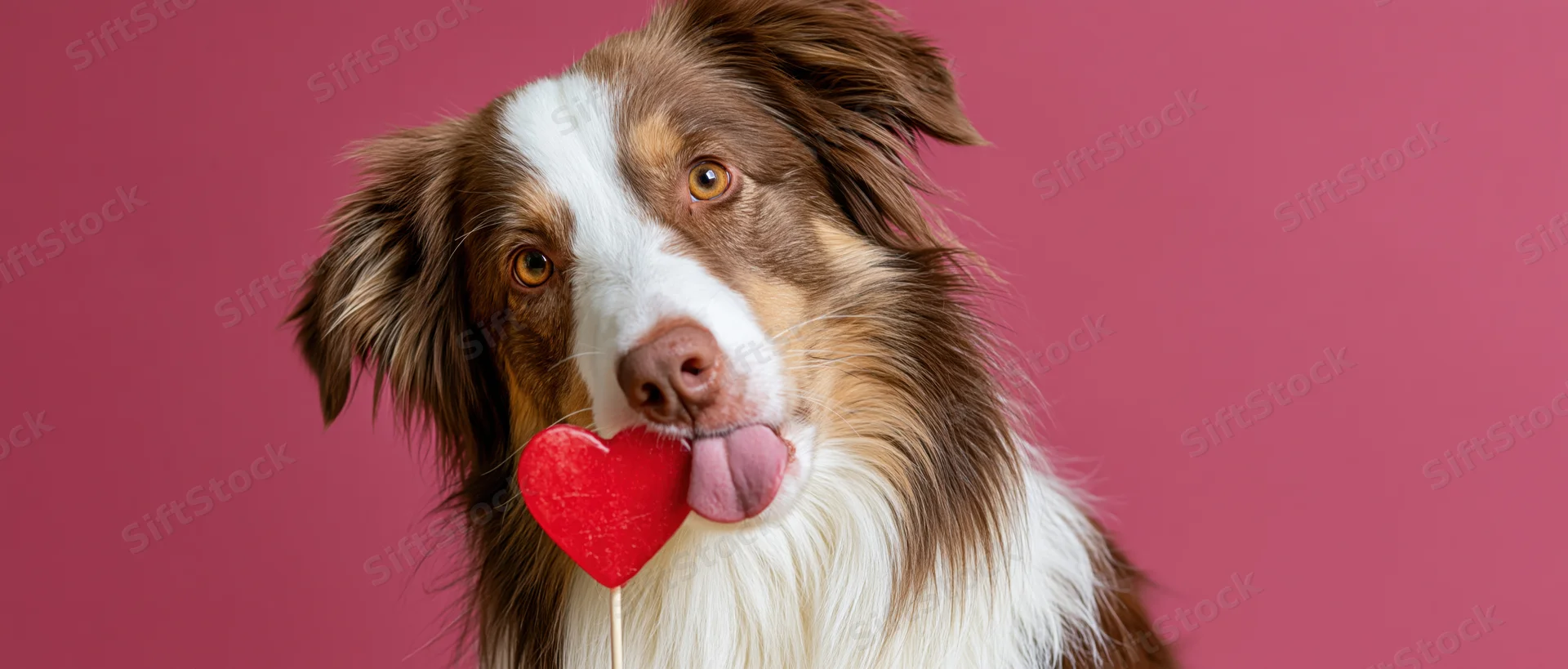 Australian shepherd dog licking a red heart-shaped lollipop against pink background