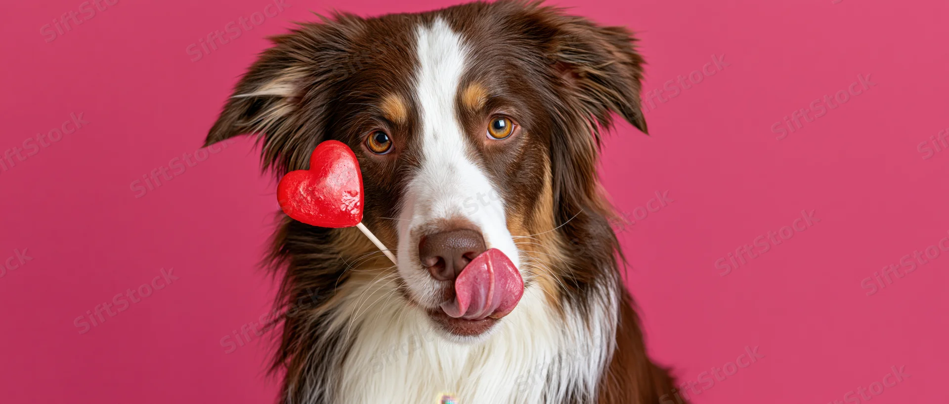 Australian shepherd dog licking a red heart-shaped lollipop against pink background