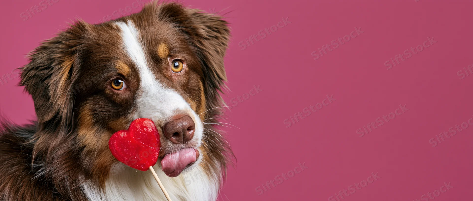 Australian shepherd dog licking a red heart-shaped lollipop against pink background
