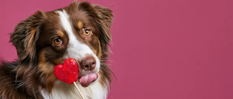 Australian shepherd dog licking a red heart-shaped lollipop against pink background