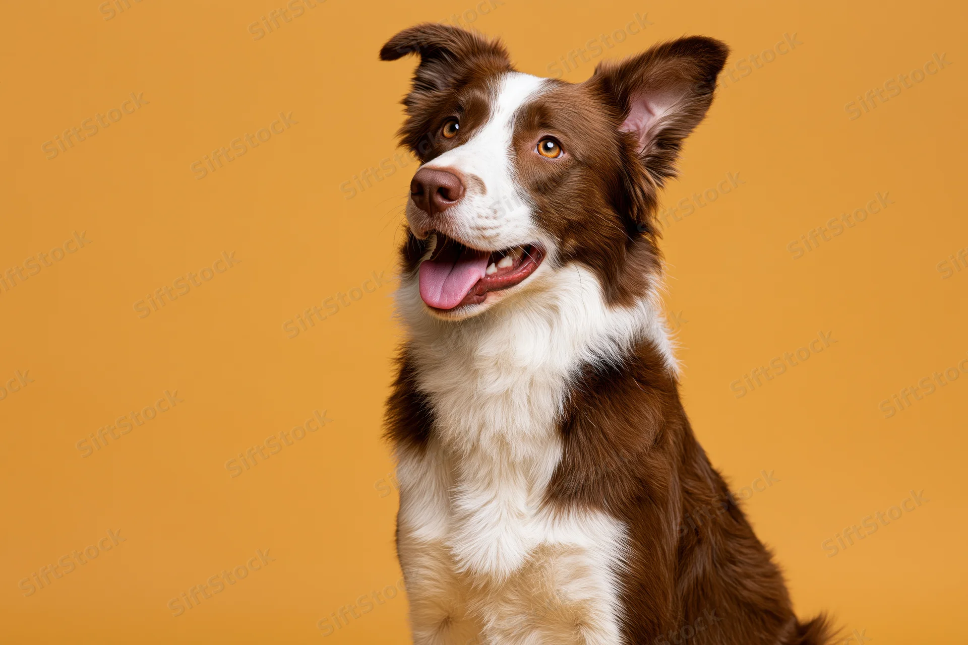 Brown and white border collie sitting with mouth open and tongue out against orange background