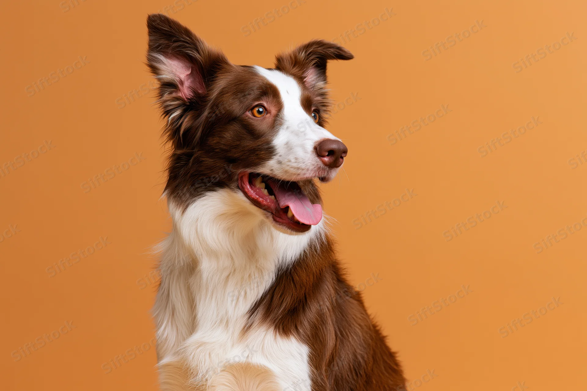 Brown and white border collie sitting upright with mouth open against orange background