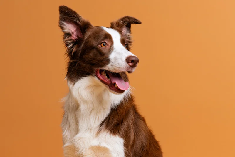 Brown and white border collie sitting upright with mouth open against orange background