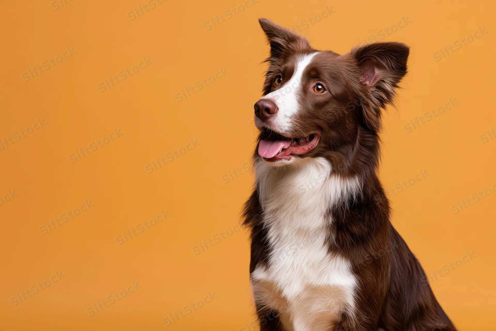 Brown and white border collie sitting alert with mouth open against orange background