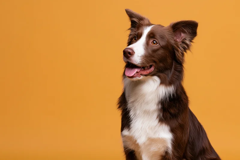 Brown and white border collie sitting alert with mouth open against orange background