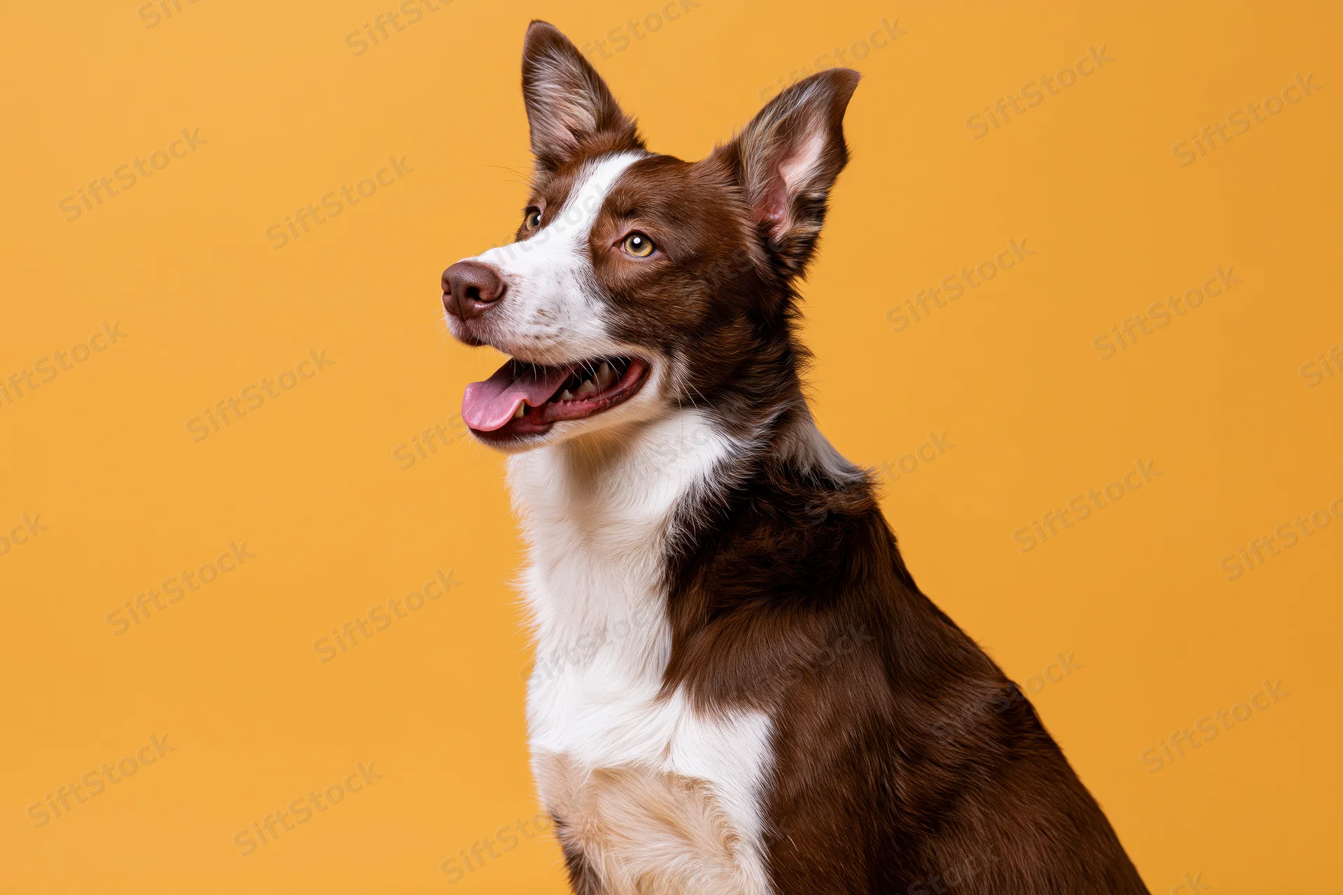 Brown and white border collie sitting upright with mouth open against orange background