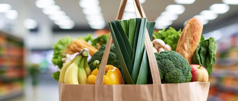 Brown reusable shopping bag filled with fresh vegetables and fruits in a supermarket aisle