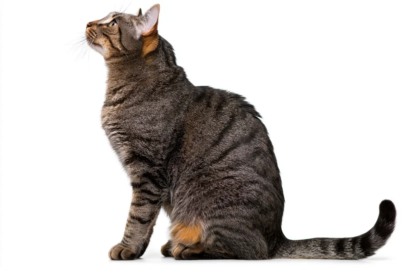 Brown tabby cat sitting upright and looking up with curiosity against white background
