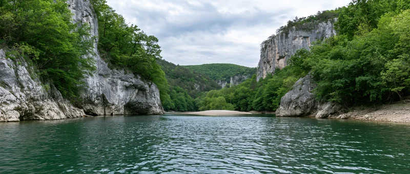 Calm river flowing through a narrow canyon framed by steep limestone cliffs and dense green forest