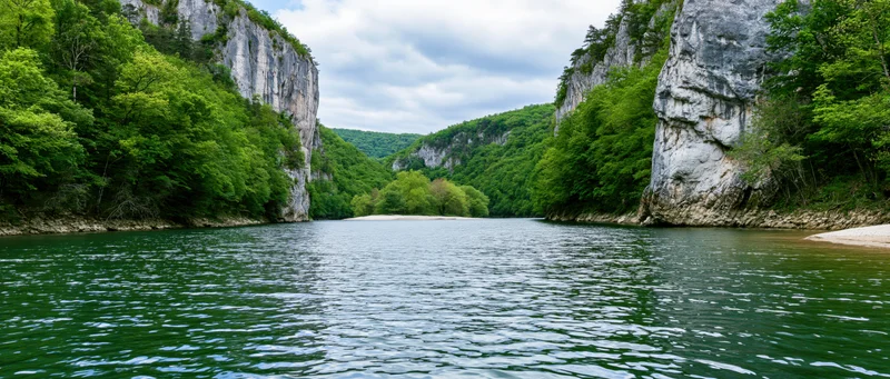 Calm river flowing through a narrow canyon flanked by steep limestone cliffs and dense green forest