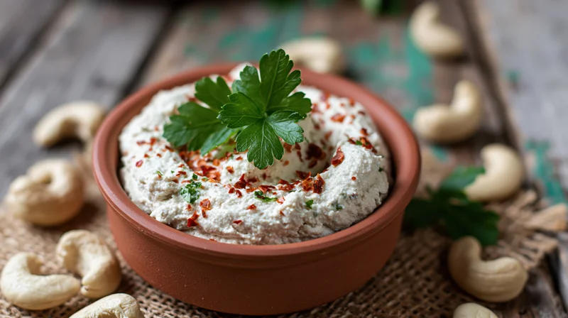 Cashew cream cheese in a terracotta bowl garnished with parsley and chili on a wooden surface with scattered cashews
